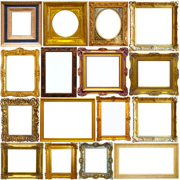 Collection of luxury gold picture frames isolated on white background