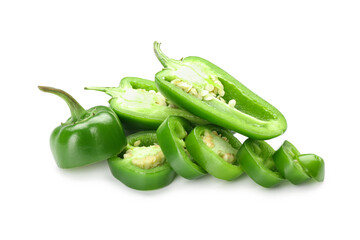 Cut green jalapeno peppers on white background