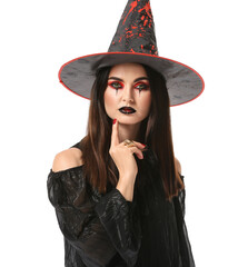 Beautiful woman dressed as witch for Halloween on white background