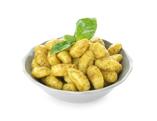 Bowl with tasty pesto gnocchi on white background