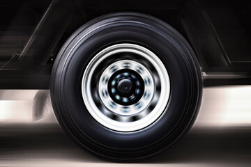 Speeding Motion of Truck Wheels Spining. Truck Driving on The Road. Industry Freight Truck Transportation.