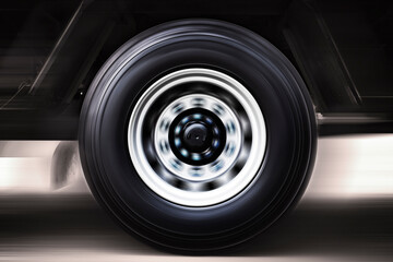 Speeding Motion of Truck Wheels Spining. Truck Driving on The Road. Industry Freight Truck...