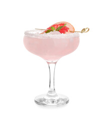 Glass of tasty grapefruit margarita on white background