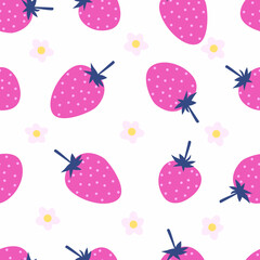 berry strawberry pink seamless pattern. fruit pattern. berries and flowers on a white background. stock vector illustration in flat cartoon style.