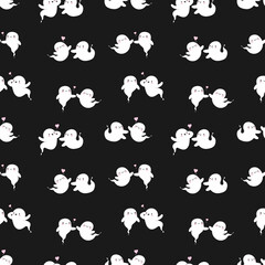 Halloween ghosts love seamless pattern. Cute kawaii kissing spirit. Black background. stock vector flat cartoon illustration.

