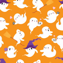 Halloween ghosts seamless pattern on orange. cute kawaii spirit background. stock vector flat cartoon illustration.
