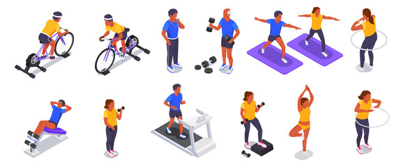 Online Fitness Workout Yoga At Home Isometric Colored Icon Set