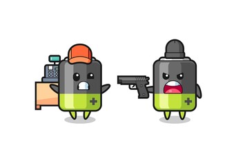 illustration of the cute battery as a cashier is pointed a gun by a robber