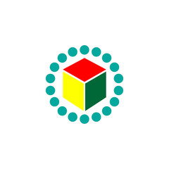 colored box surrounded by small circles icon logo