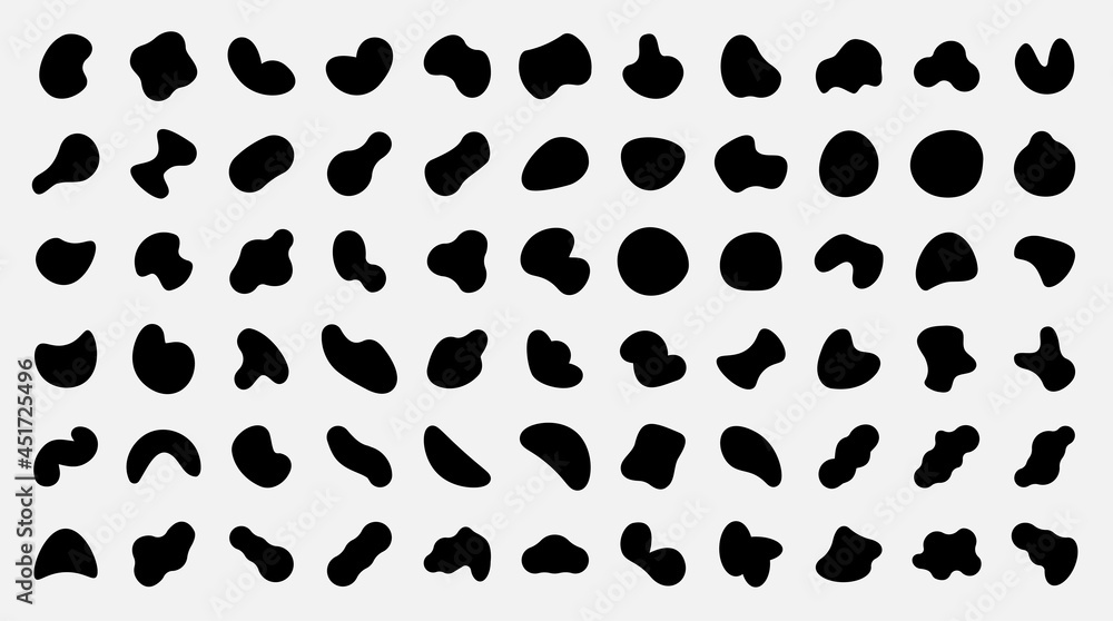 Poster organic shapes. black abstract irregular oval and round spots. pebble silhouettes and fluid splodge.