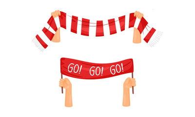 Soccer football fan attributes set. Hands holding red and white scarf and banner cartoon vector illustration © Happypictures
