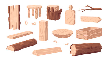 Wood products. Cartoon wooden lumber. Plank and stump. Carpentry industry woodwork collection of forestry materials. Box and stool. Handmade carving dishes. Vector craft elements set