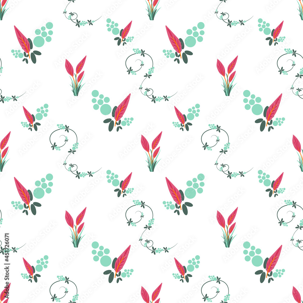 Aufkleber summer flowers and leaves pattern seamless. abstract red and green leaves with spiral curls repeatin
