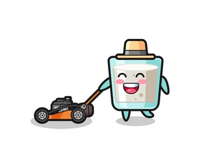 illustration of the milk character using lawn mower