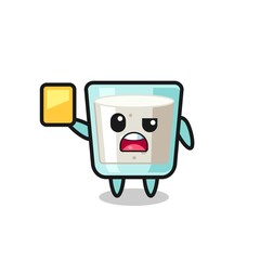 cartoon milk character as a football referee giving a yellow card