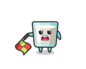 milk character as line judge hold the flag down at a 45 degree angle