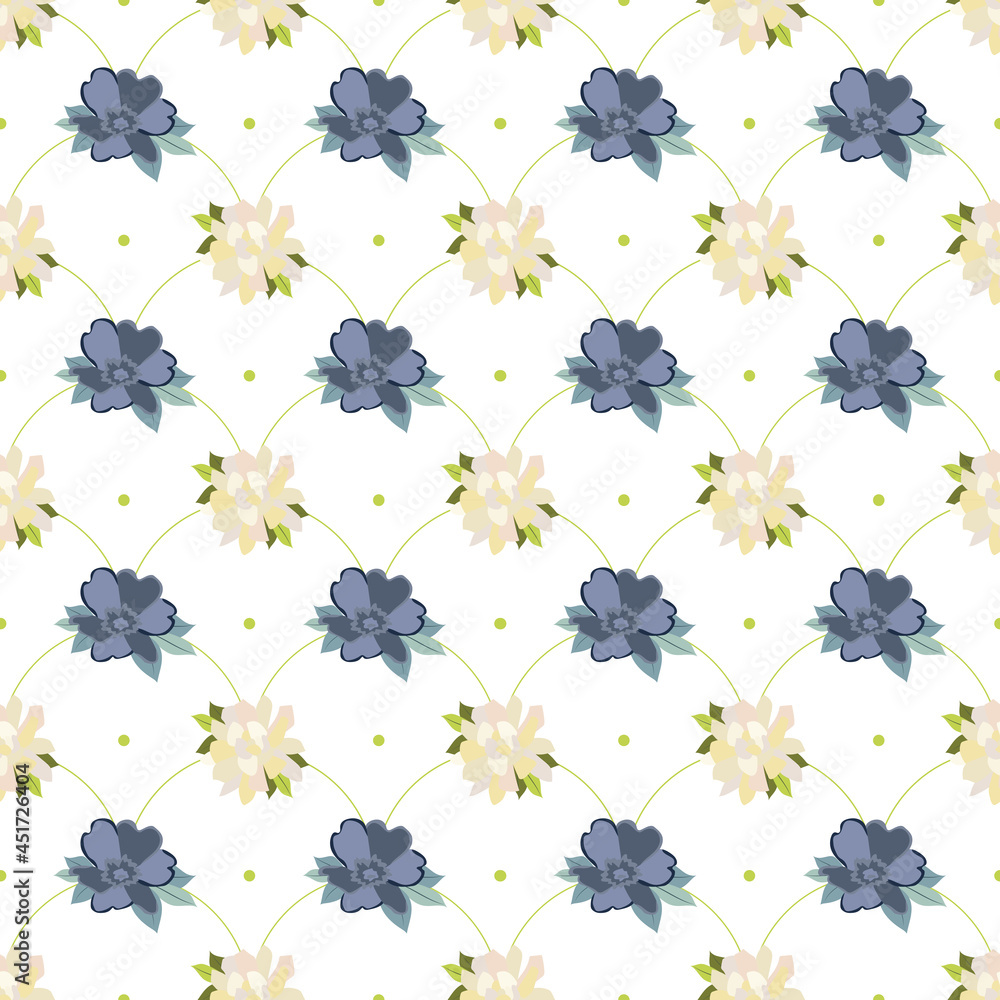 Poster summer flowers and leaves pattern seamless. white and blue flowers in linear repeating tile endless 