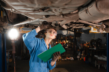Car chassis repair, a young beautiful woman car mechanic stands under the car with a tablet in his hands makes an inspection looking for the cause of the breakdown.