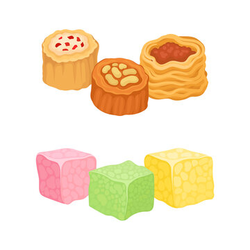 Oriental sweets set. Turkish delight and borma, east cuisine desserts cartoon vector illustration