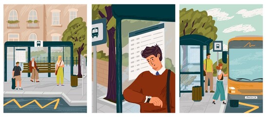 People waiting in queue on bus stop vector illustration set. Man looks at bus schedule and checks time on his watch. Passengers boadring bus at city station. Urban transport concept