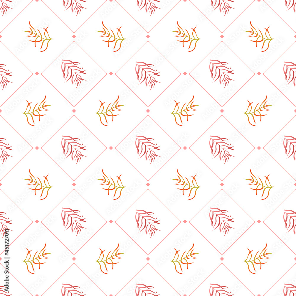 Poster Autumn leaves pattern seamless. Abstract fall leaves in square geometric shapes tiles repeating endless ornate backdrop. Seasonal leafage botanical wallpaper. Vector illustration with floral texture