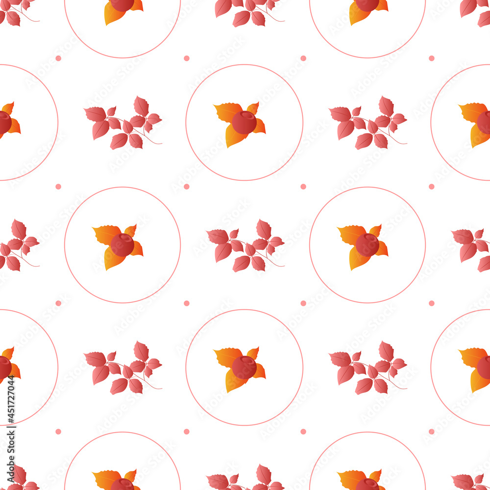 Poster autumn leaves pattern seamless. abstract fall berries and red leaves in circle geometric shapes endl