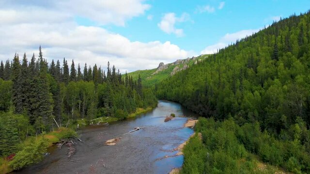 4K Drone Video (dolly shot, low elevation) of Mountains above Chena River at Angel Rocks Trailhead near Chena Hot Springs Resort in Fairbanks, Alaska