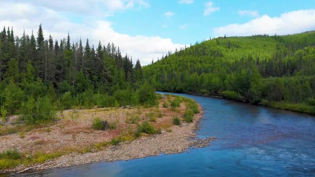 4K Drone Video (truck right shot) of Chena River at Angel Rocks Trailhead near Chena Hot Springs Resort in Fairbanks, Alaska
