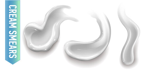 Set of realistic cosmetic cream smears. Skincare product of different body colors. Lotion smooth smear isolated vector texture on white background.