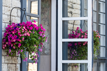 Facade of a building with windows and flowers.