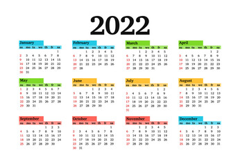 Calendar for 2022 isolated on a white background