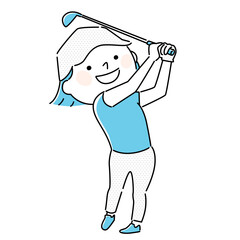 スポーツのゴルフのイラスト ゴルフクラブでスイングしてる若い女性 Wall Mural Yukimco