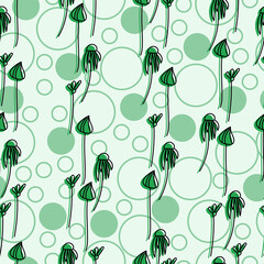 Seamless pattern of delicate doodle flowers with a green silhouette and different circles on a light green background
