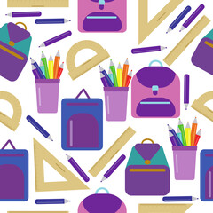Seamless pattern of school backpacks, rulers and pencils in purple shades on a white background