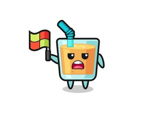 orange juice character as line judge putting the flag up