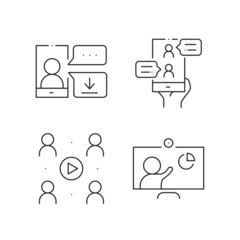 Simple set of online meeting related line icons isolated. Video conference concept. Distance work and learning. Collection of vector elements. Laptop, computer, smartphone, chatting, conferencing
