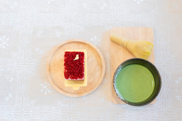 Japanese green tea matcha ceremony for whisking until foam of organic matcha powder by a Chasen in...