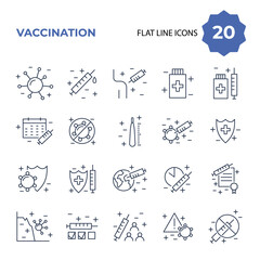 Vaccination and immunization line icon set. Collection of linear symbols. Vaccines against virus, vaccination sheldule, anti vaccine, shield virus. Flu, hepatitis, measles covid prevention