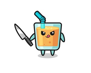 cute orange juice mascot as a psychopath holding a knife