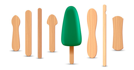 Set of realistic popsicle sticks. Green ice cream 3D. Vector illustration, summer season.