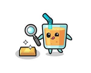 orange juice character is checking the authenticity of the gold bullion