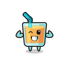 the muscular orange juice character is posing showing his muscles