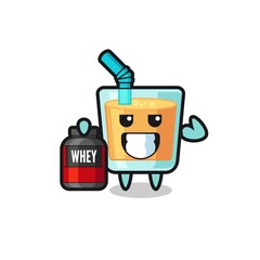 the muscular orange juice character is holding a protein supplement