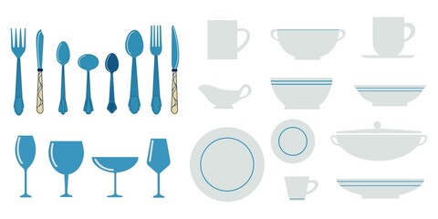Kitchen utensils. Cartoon kitchenware with spoon knives and forks. Isolated white dishes. Blue cutlery. Ceramic plates or bowls. Glasses and porcelain cups. Vector cooking equipment set