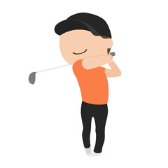 ゴルフのイラスト。ゴルフクラブでスイングしてる若い男性。