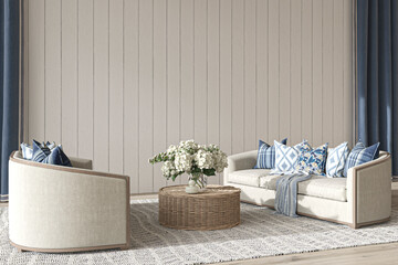 Coastal design living room. Mock up white wall in cozy home interior background. Hampton style 3d render illustration.