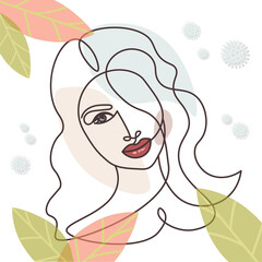 Abstract linear portrait of a girl against the background of autumn and the reality of the coronavirus. Autumn spirit. Pretty woman surrounded by falling leaves. Vector art illustration for you design