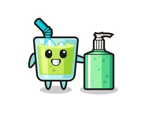 cute melon juice cartoon with hand sanitizer
