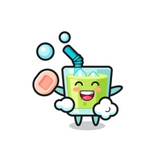 melon juice character is bathing while holding soap