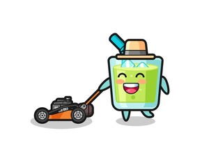 illustration of the melon juice character using lawn mower
